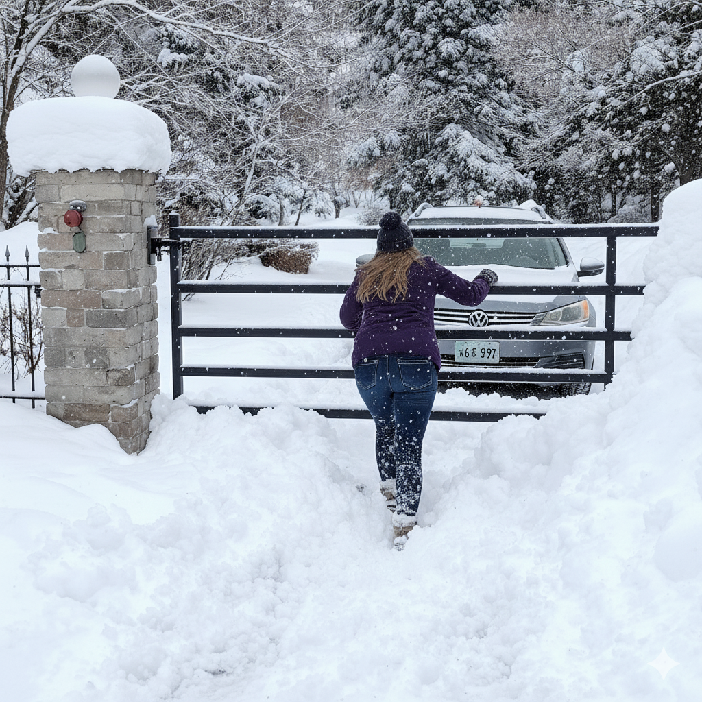 Person struggling to push a farm gate through deep snow.